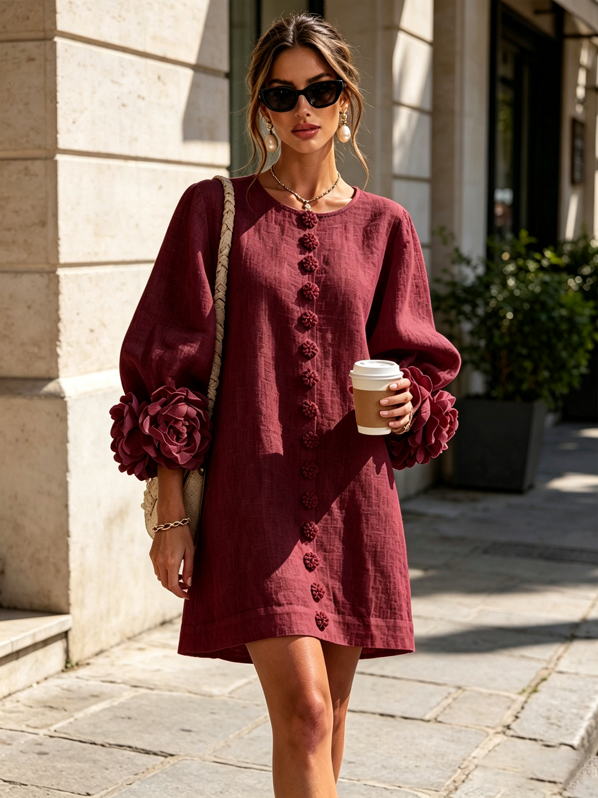 Ilaria | Abito Mini in Misto Lino con Polsini a Rosa, Bordeaux | Blanca Vela