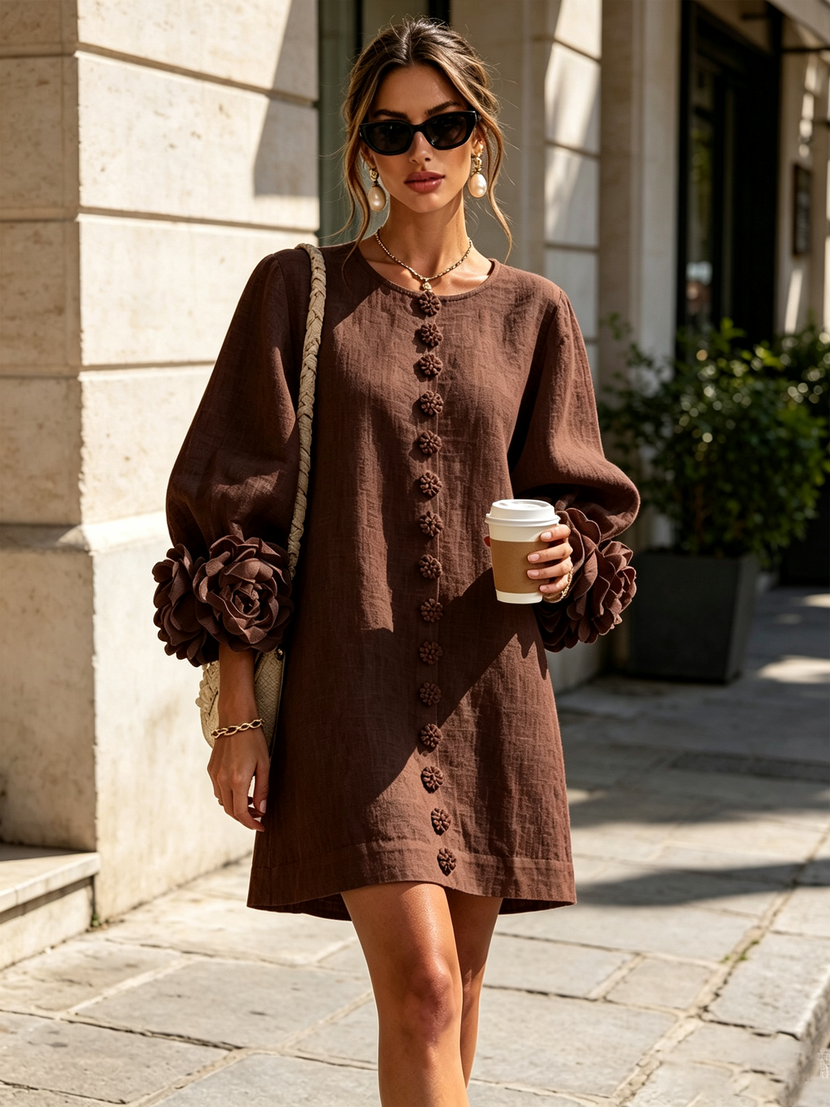 Bruna | Abito Mini in Misto Lino con Polsini a Rosa, Marrone Cioccolato | Blanca Vela