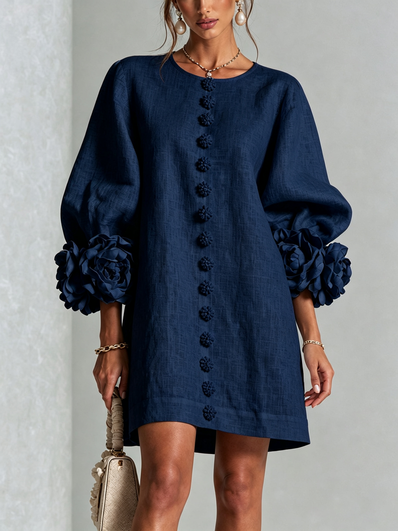 Marina | Abito Mini in Misto Lino con Polsini a Rosa, Blu Navy | Blanca Vela