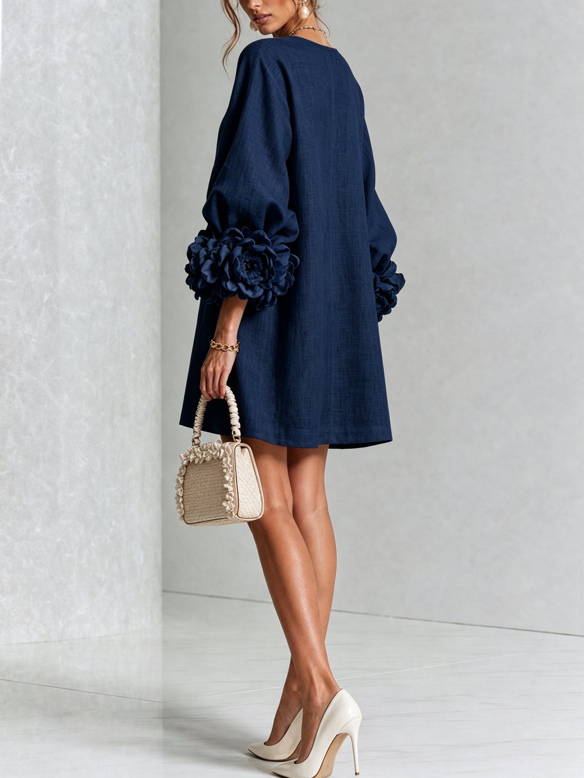Cecilia | Vestido Mini de Mezcla de Lino con Puños Anudados en Flor | Blanca Vela