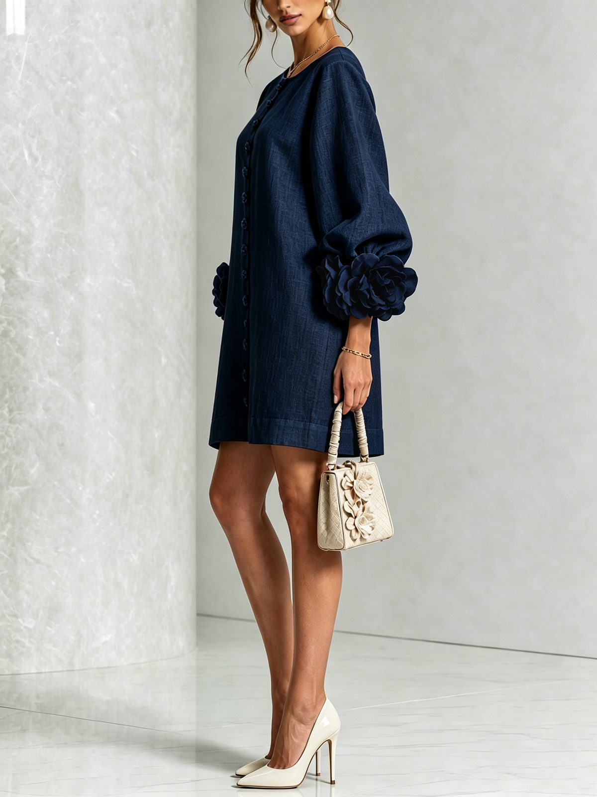 Marina | Abito Mini in Misto Lino con Polsini a Rosa, Blu Navy | Blanca Vela
