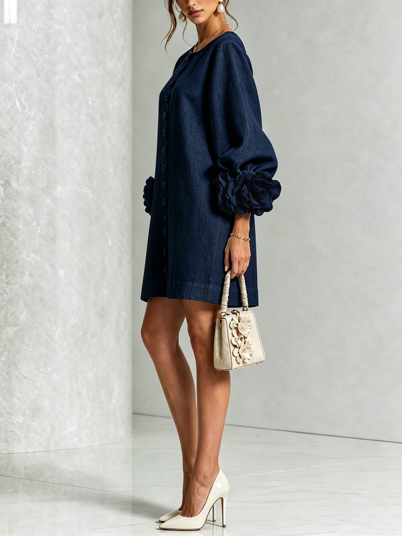 Marina | Abito Mini in Misto Lino con Polsini a Rosa, Blu Navy | Blanca Vela