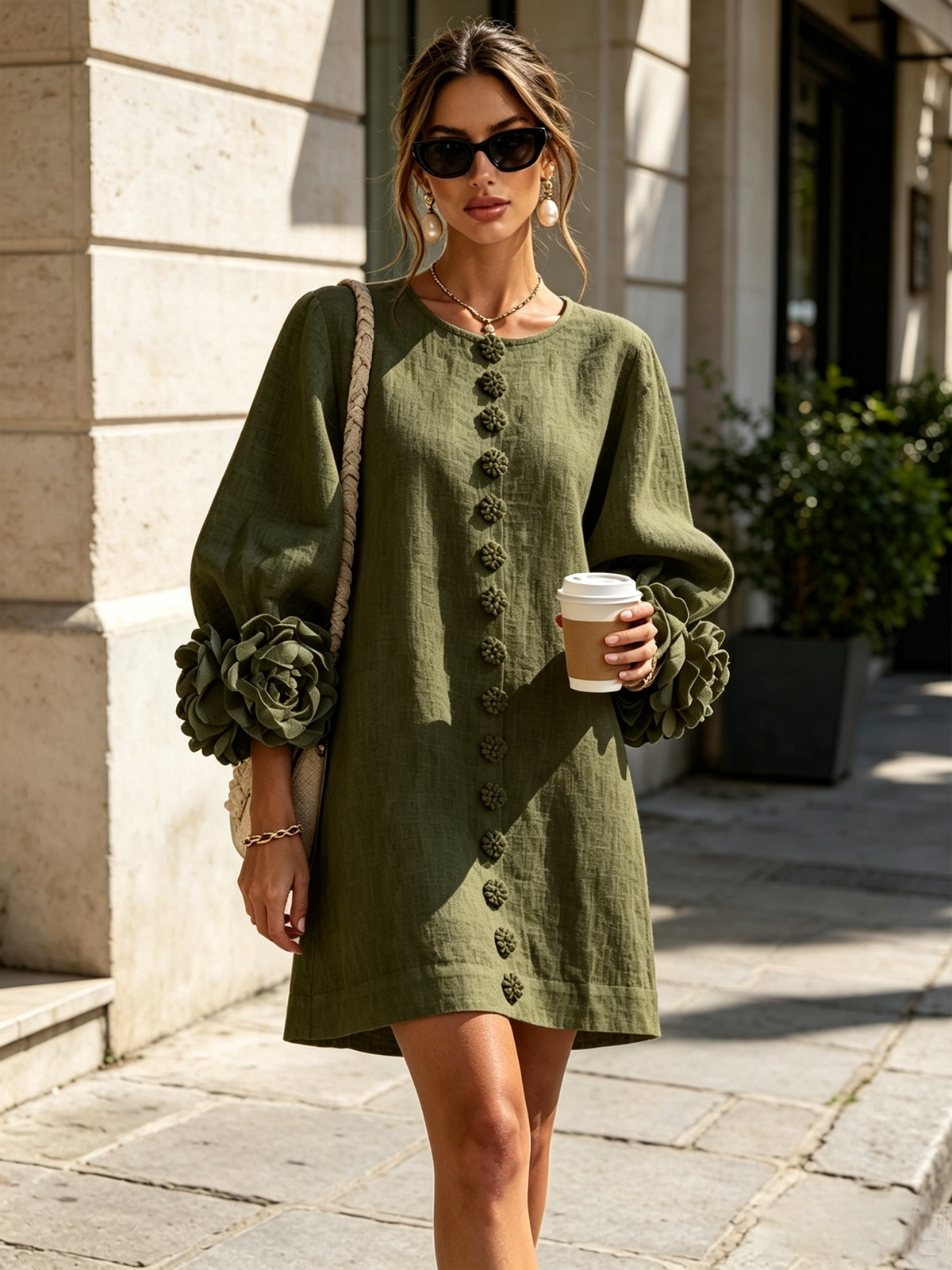Gaia | Abito Mini in Misto Lino con Polsini a Rosa, Verde Oliva | Blanca Vela