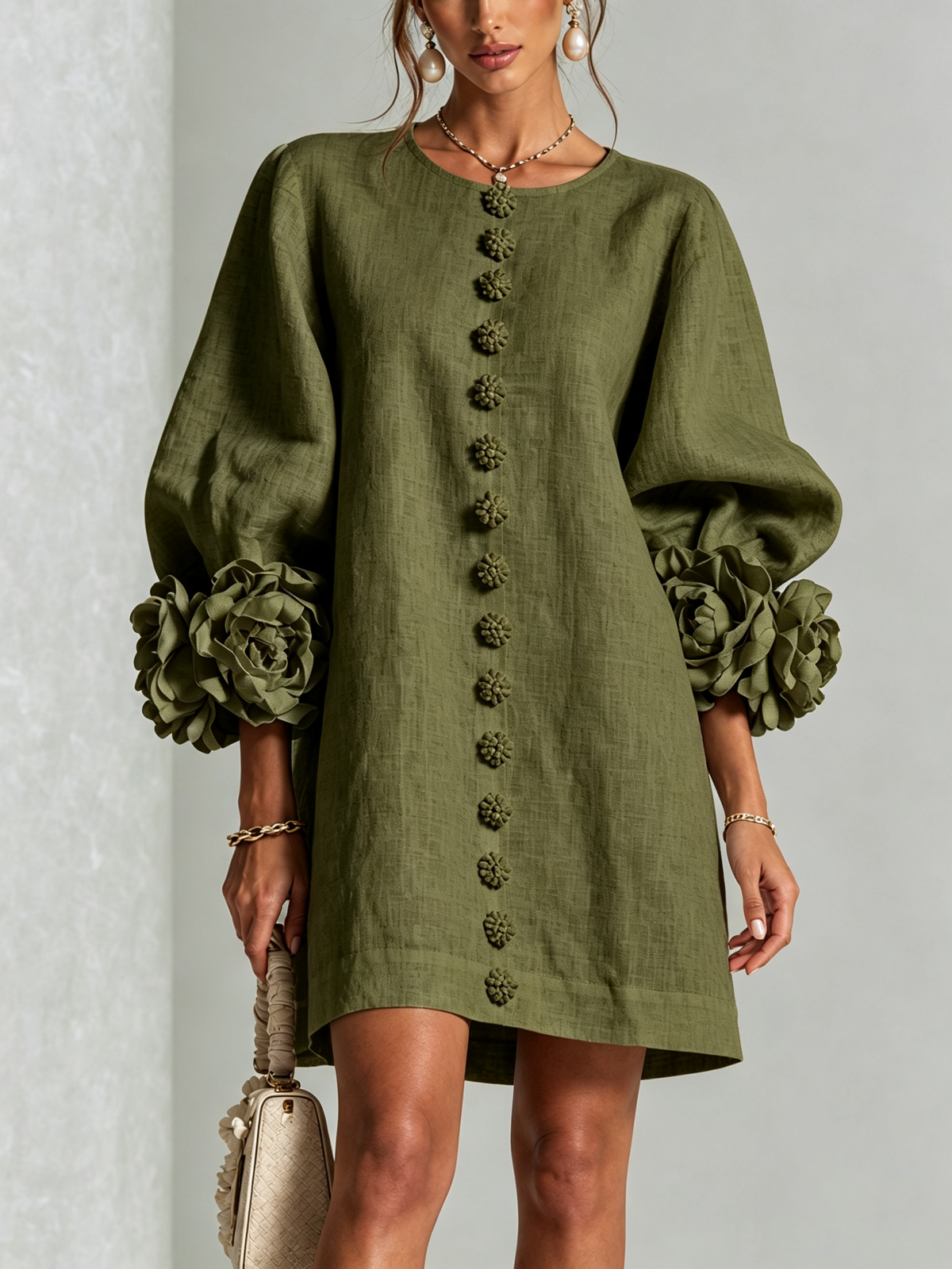Gaia | Abito Mini in Misto Lino con Polsini a Rosa, Verde Oliva | Blanca Vela