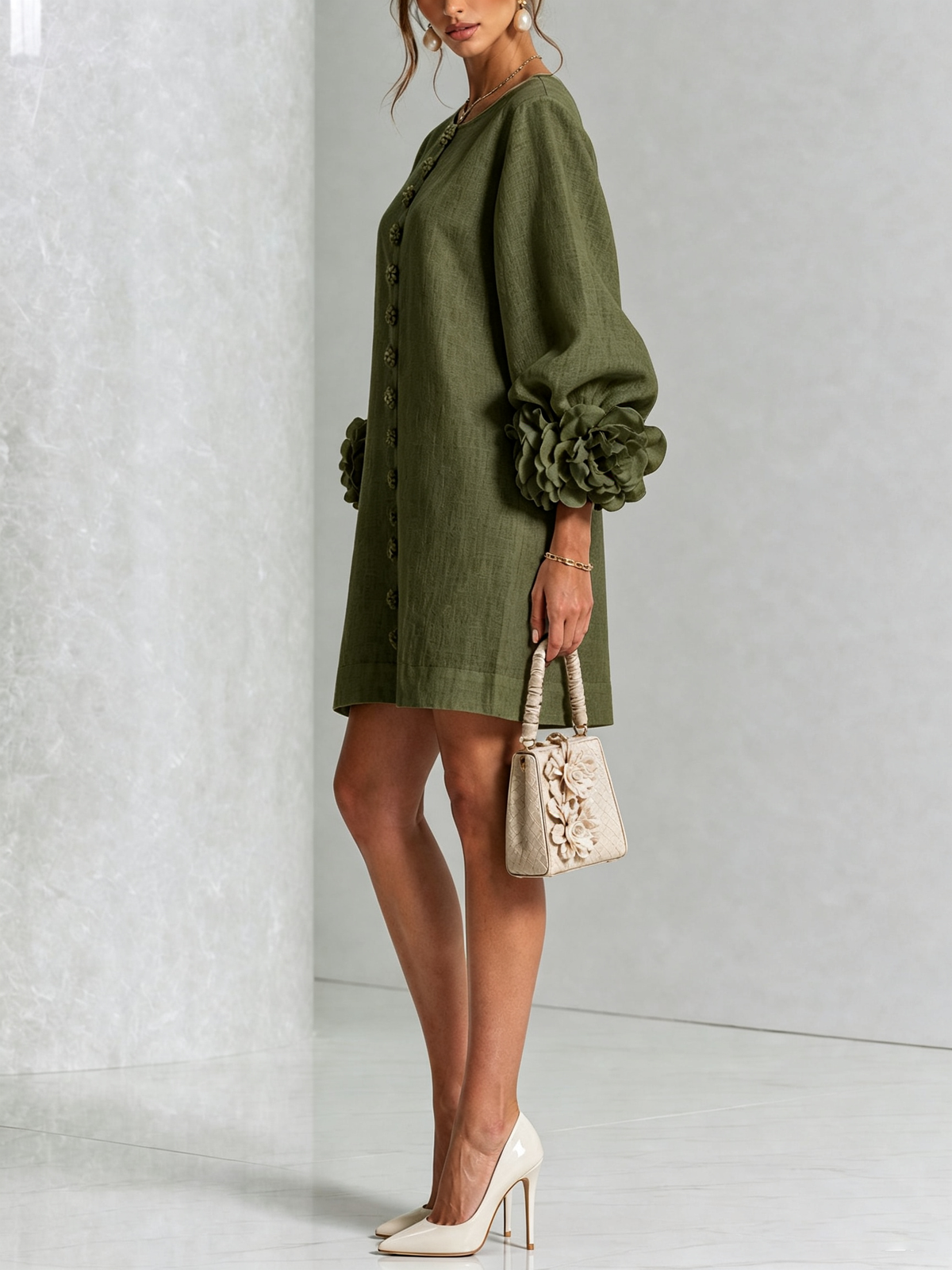 Gaia | Abito Mini in Misto Lino con Polsini a Rosa, Verde Oliva | Blanca Vela