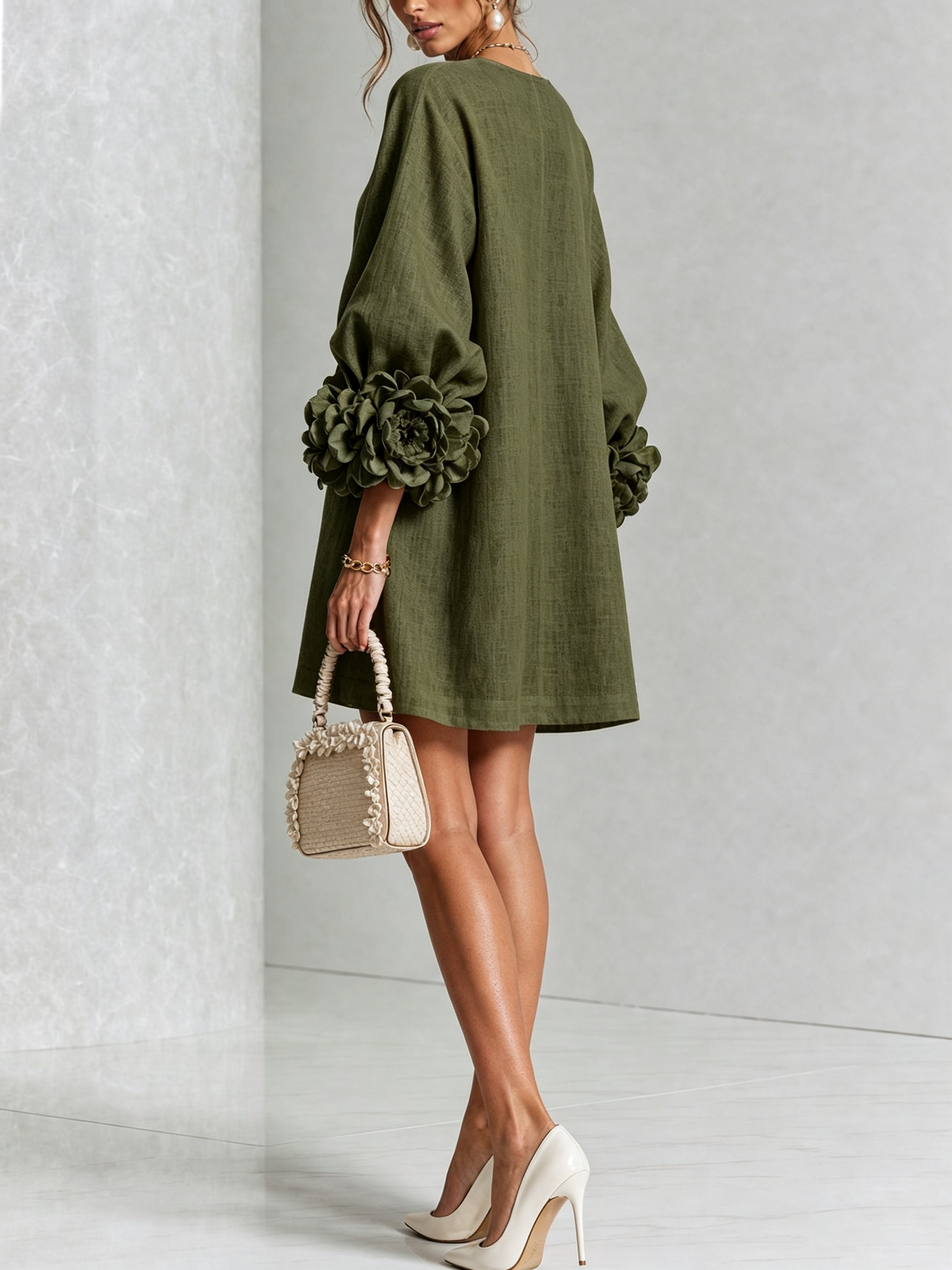 Cecilia | Vestido Mini de Mezcla de Lino con Puños Anudados en Flor | Blanca Vela
