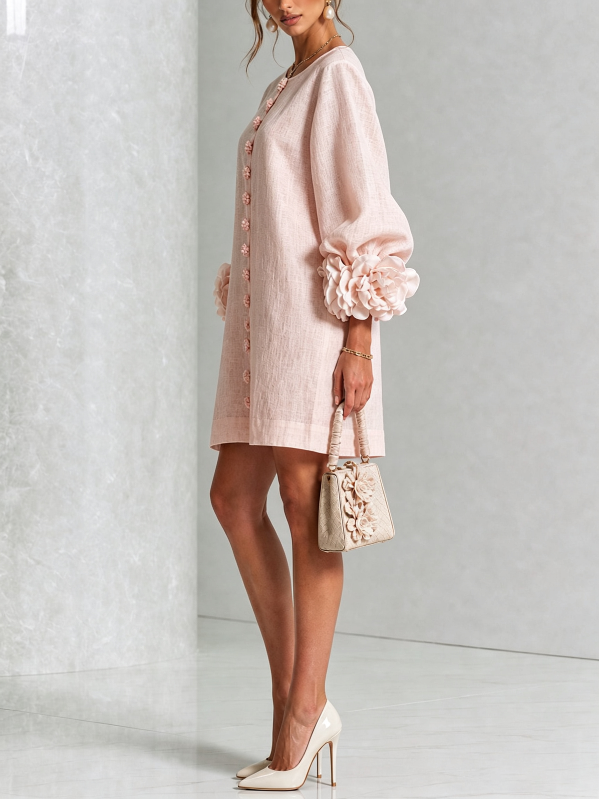 Noemi | Abito Mini in Misto Lino con Polsini a Rosa, Rosa | Blanca Vela