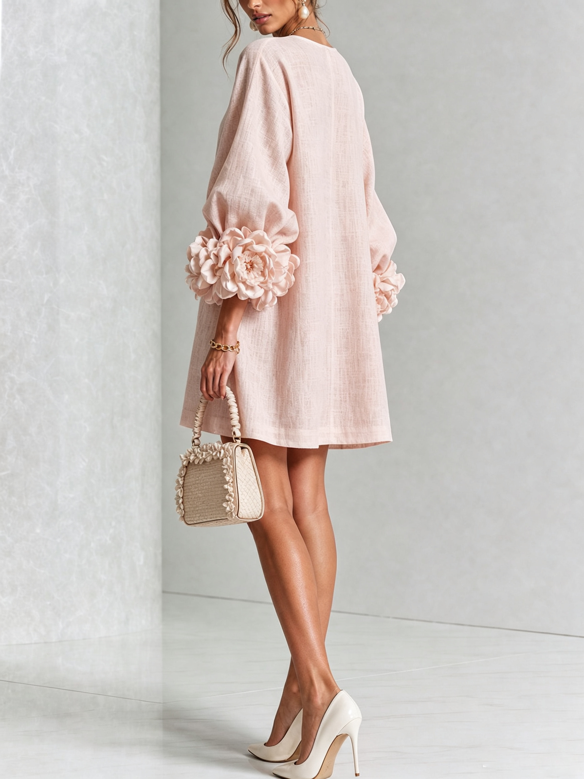 Cecilia | Vestido Mini de Mezcla de Lino con Puños Anudados en Flor | Blanca Vela