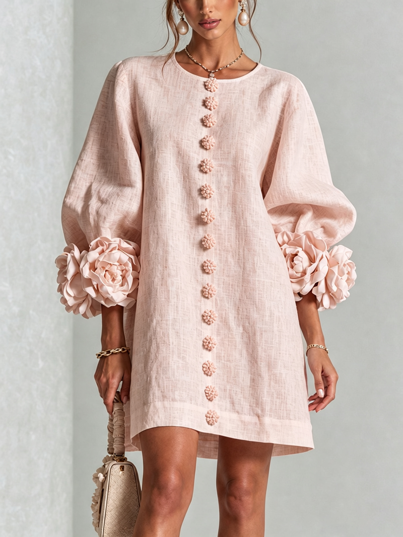 Noemi | Abito Mini in Misto Lino con Polsini a Rosa, Rosa | Blanca Vela