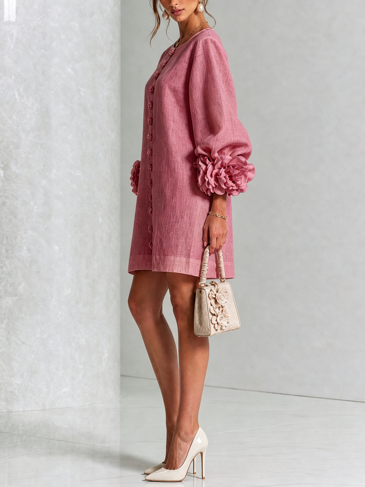 Alba | Abito Mini in Misto Lino con Polsini a Rosa, Rosa Antico | Blanca Vela