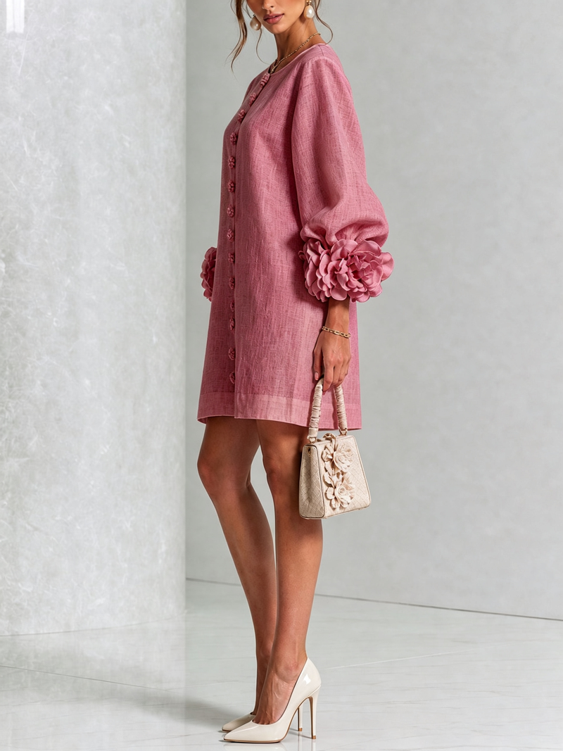 Alba | Abito Mini in Misto Lino con Polsini a Rosa, Rosa Antico | Blanca Vela