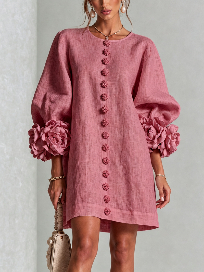 Alba | Abito Mini in Misto Lino con Polsini a Rosa, Rosa Antico | Blanca Vela