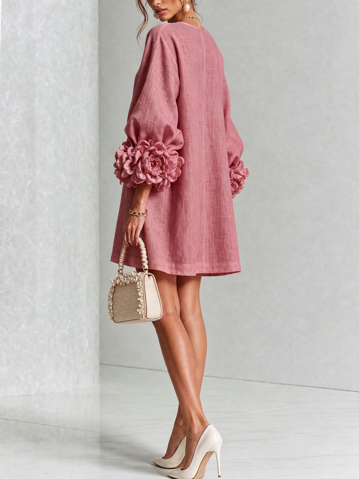 Cecilia | Vestido Mini de Mezcla de Lino con Puños Anudados en Flor | Blanca Vela