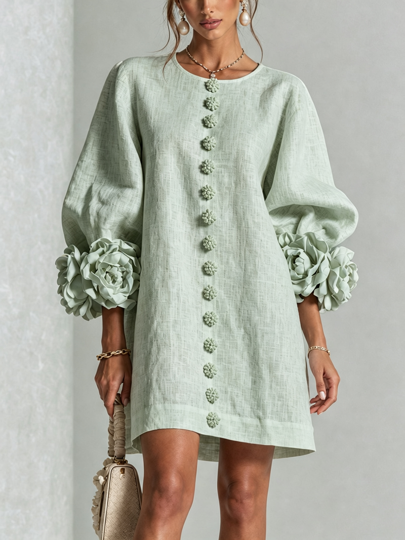Delia | Abito Mini in Misto Lino con Polsini a Rosa, Verde Salvia | Blanca Vela