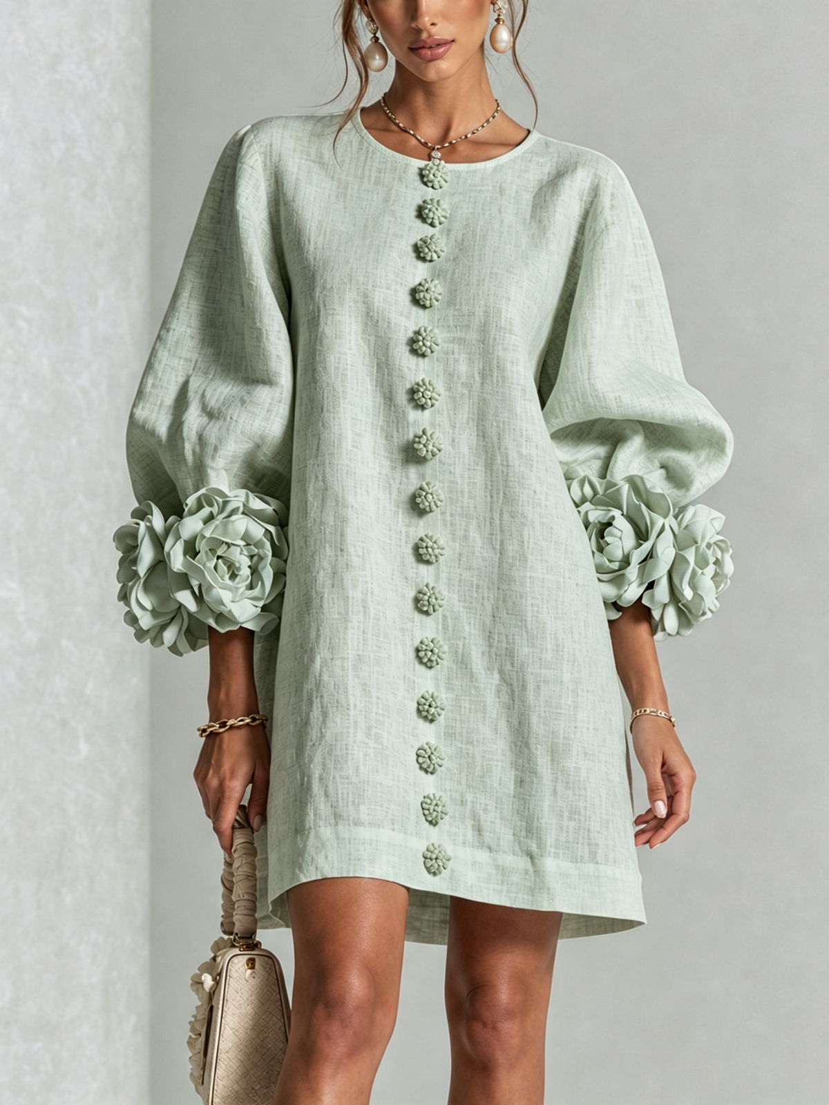 Cecilia | Vestido Mini de Mezcla de Lino con Puños Anudados en Flor | Blanca Vela