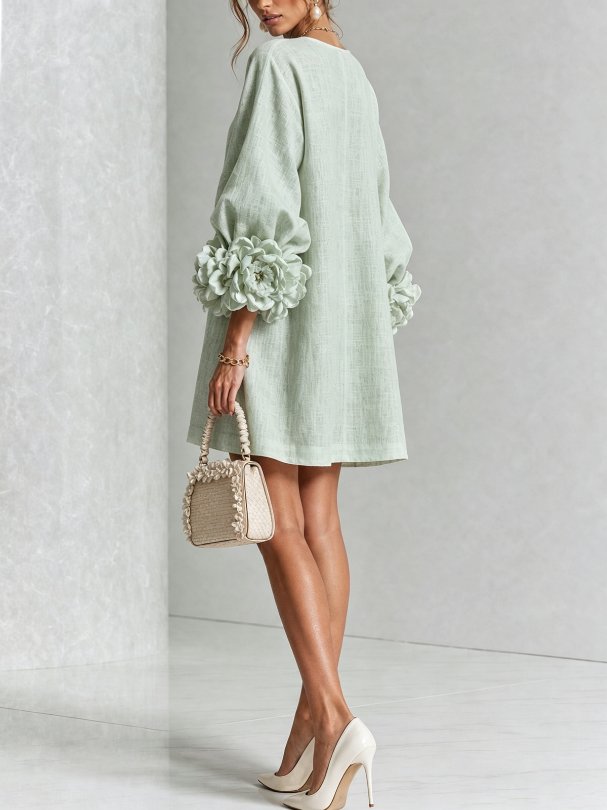 Cecilia | Vestido Mini de Mezcla de Lino con Puños Anudados en Flor | Blanca Vela