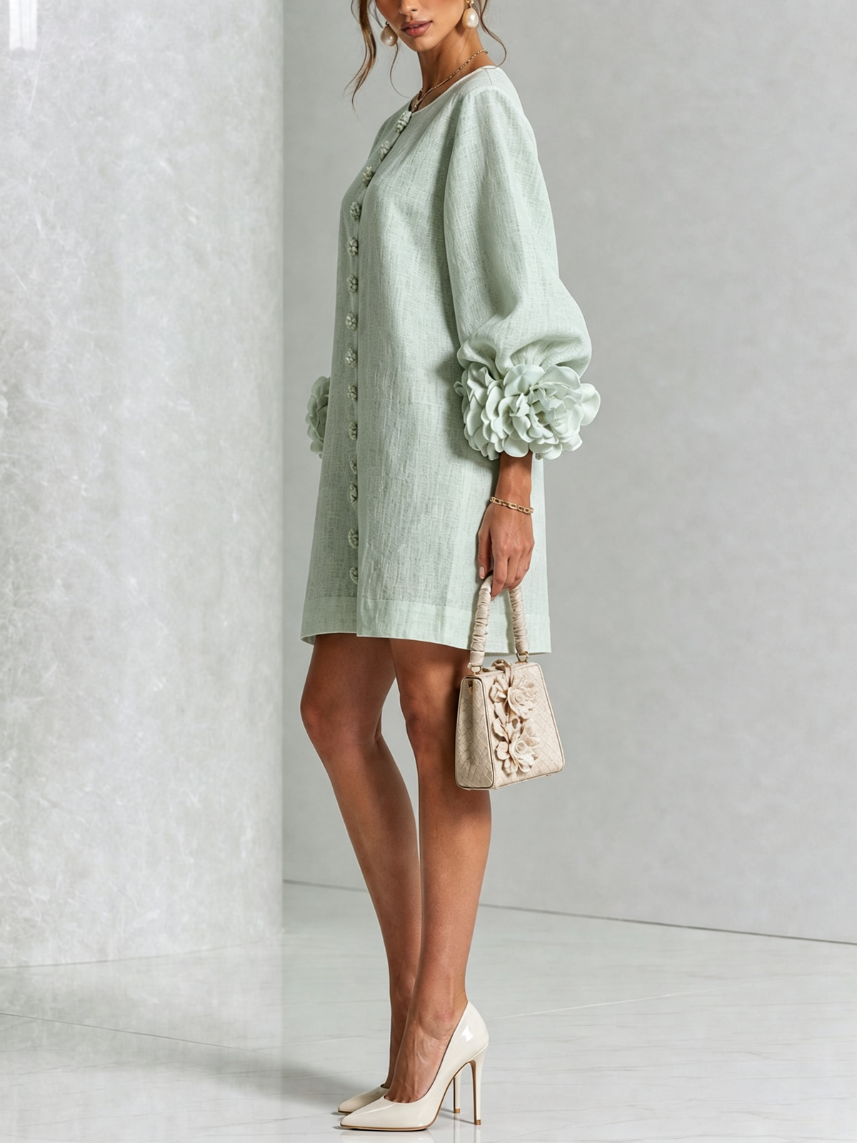 Delia | Abito Mini in Misto Lino con Polsini a Rosa, Verde Salvia | Blanca Vela