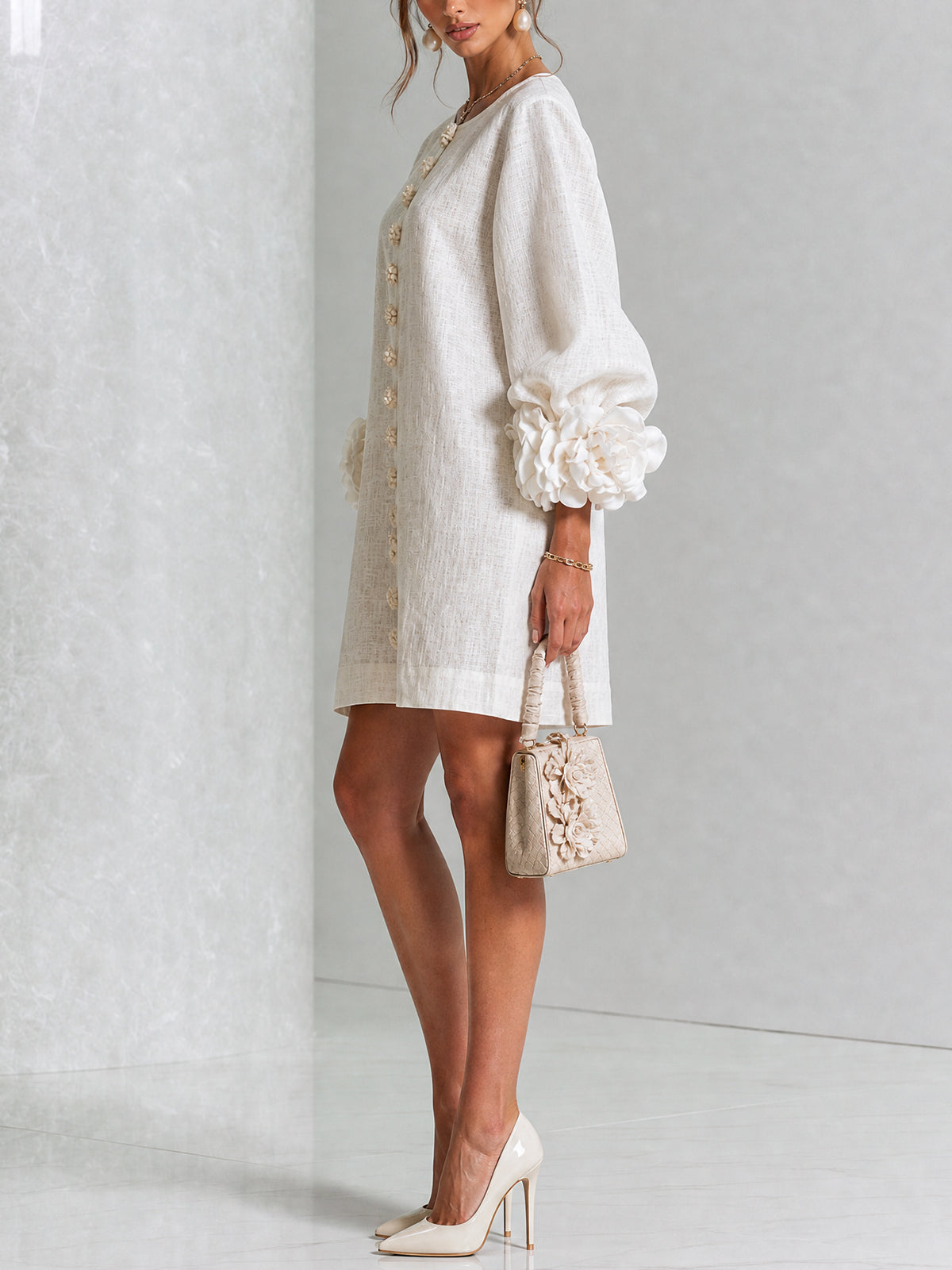 Chiara | Abito Mini in Misto Lino con Polsini a Rosa, Bianco | Blanca Vela