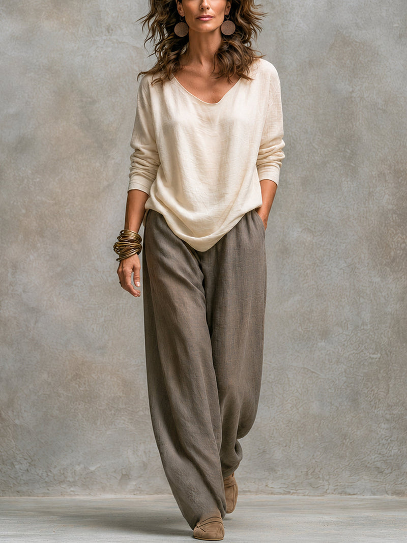 Conjunto Elegante de Tres Piezas Beige Gris con Pantalones de Pierna Ancha | Blanca Vela