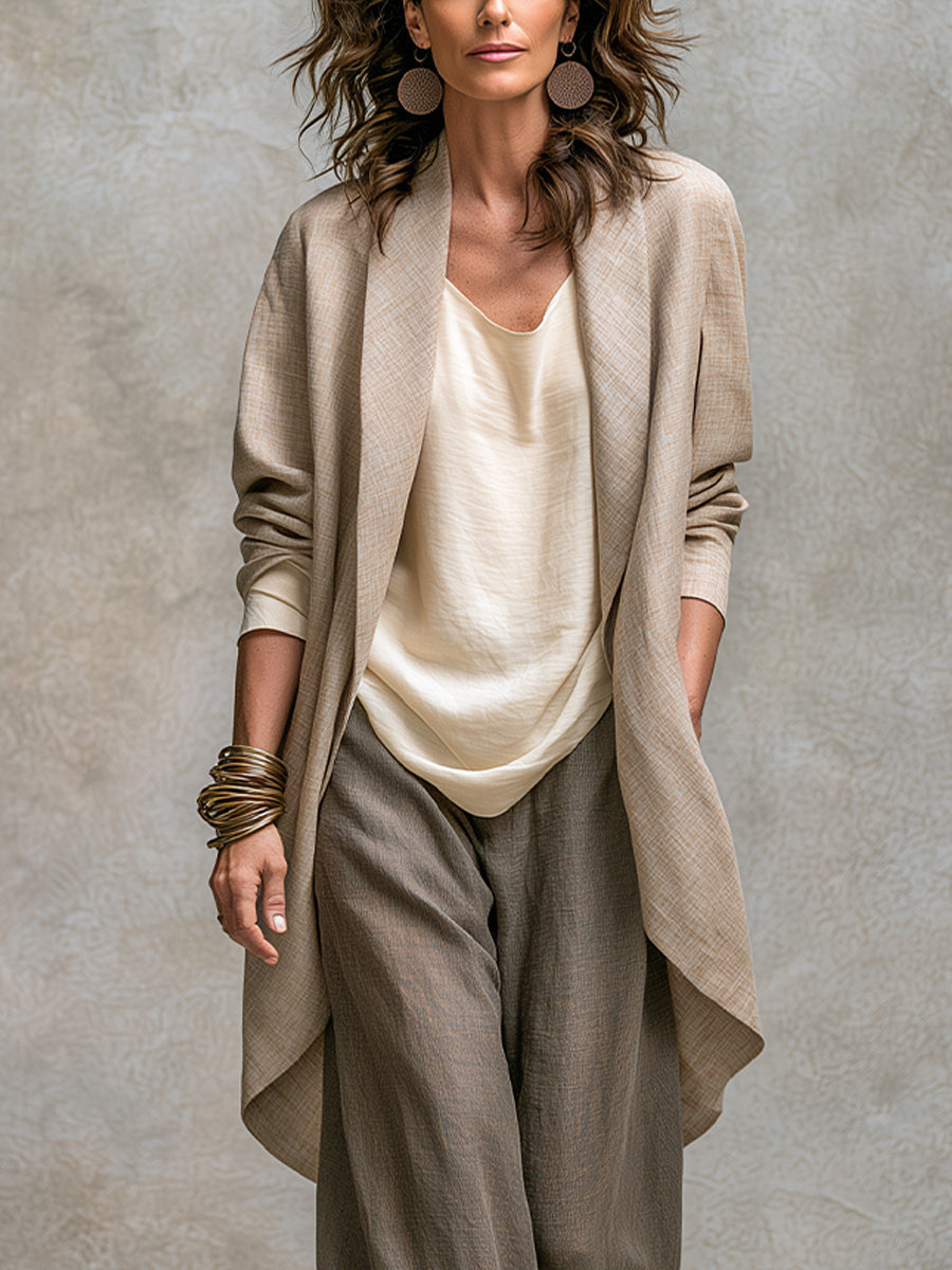 Conjunto Elegante de Tres Piezas Beige Gris con Pantalones de Pierna Ancha | Blanca Vela