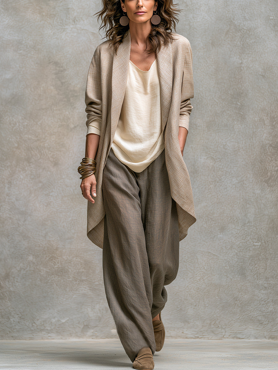 Conjunto Elegante de Tres Piezas Beige Gris con Pantalones de Pierna Ancha | Blanca Vela