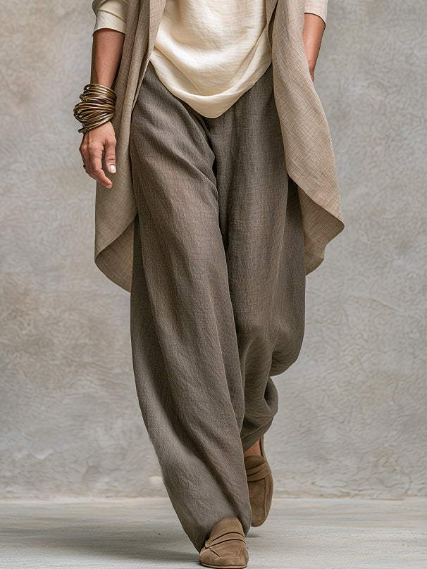 Conjunto Elegante de Tres Piezas Beige Gris con Pantalones de Pierna Ancha | Blanca Vela