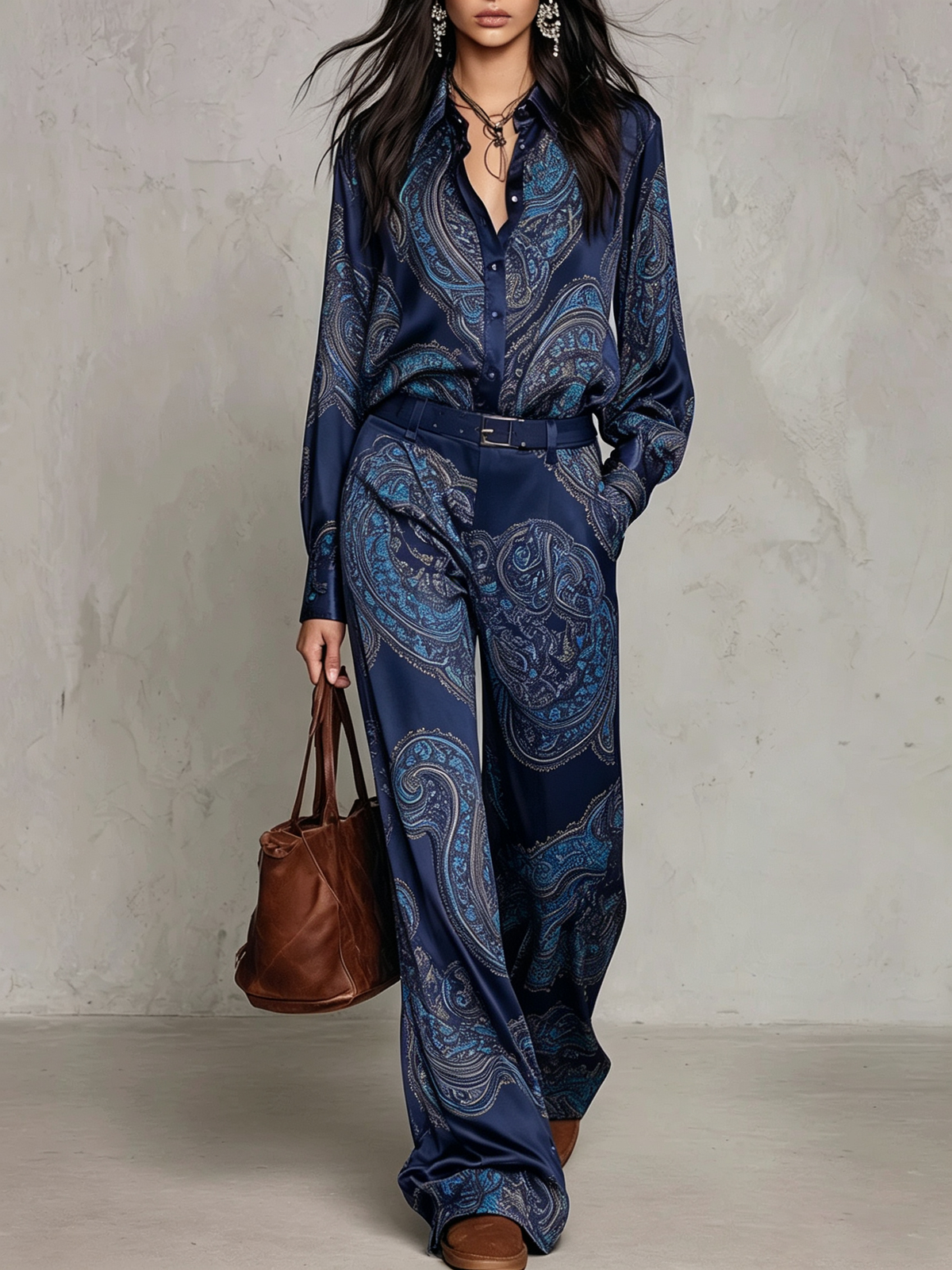 Gloria | Camisa de Seda de Manga Larga con Estampado Paisley Burdeos y Pantalones de Pierna Ancha | Blanca Vela