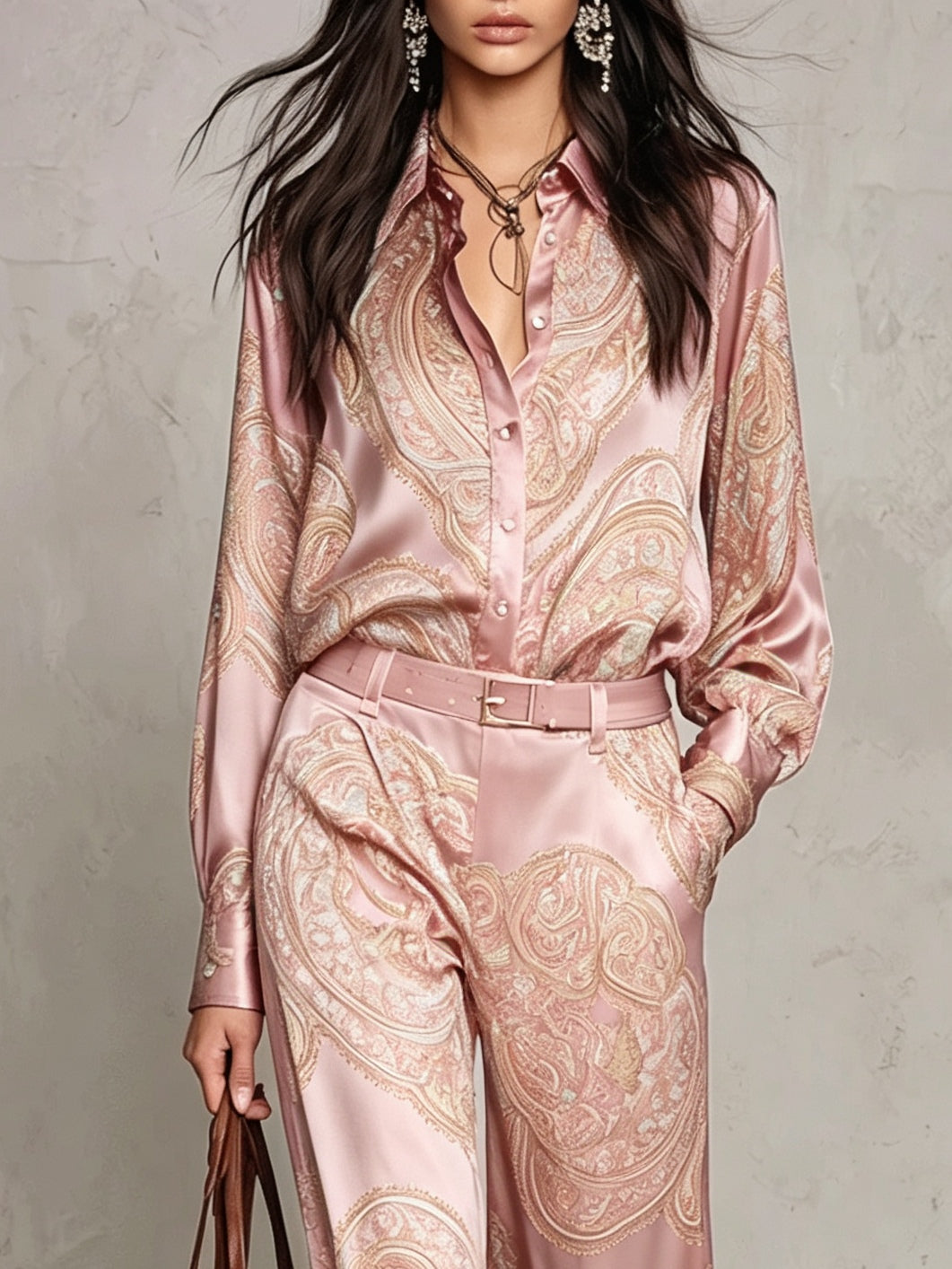 Set de Camisa de Manga Larga en Satén con Estampado Paisley Rosa y Pantalones de Pierna Ancha (con cinturón) | Blanca Vela