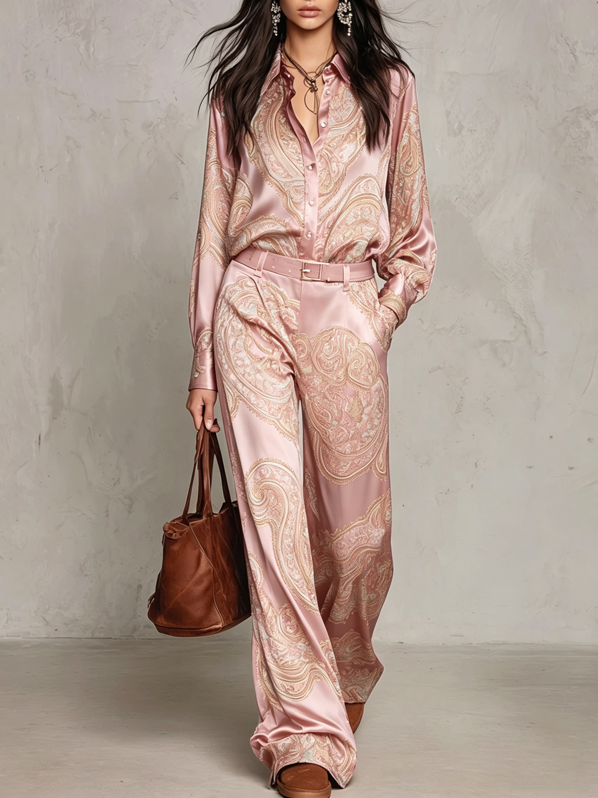 Gloria | Camisa de Seda de Manga Larga con Estampado Paisley Burdeos y Pantalones de Pierna Ancha | Blanca Vela