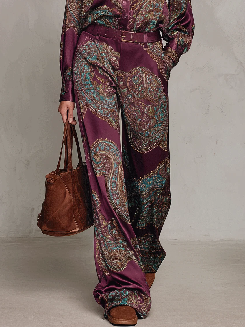 Gloria | Camisa de Seda de Manga Larga con Estampado Paisley Burdeos y Pantalones de Pierna Ancha | Blanca Vela