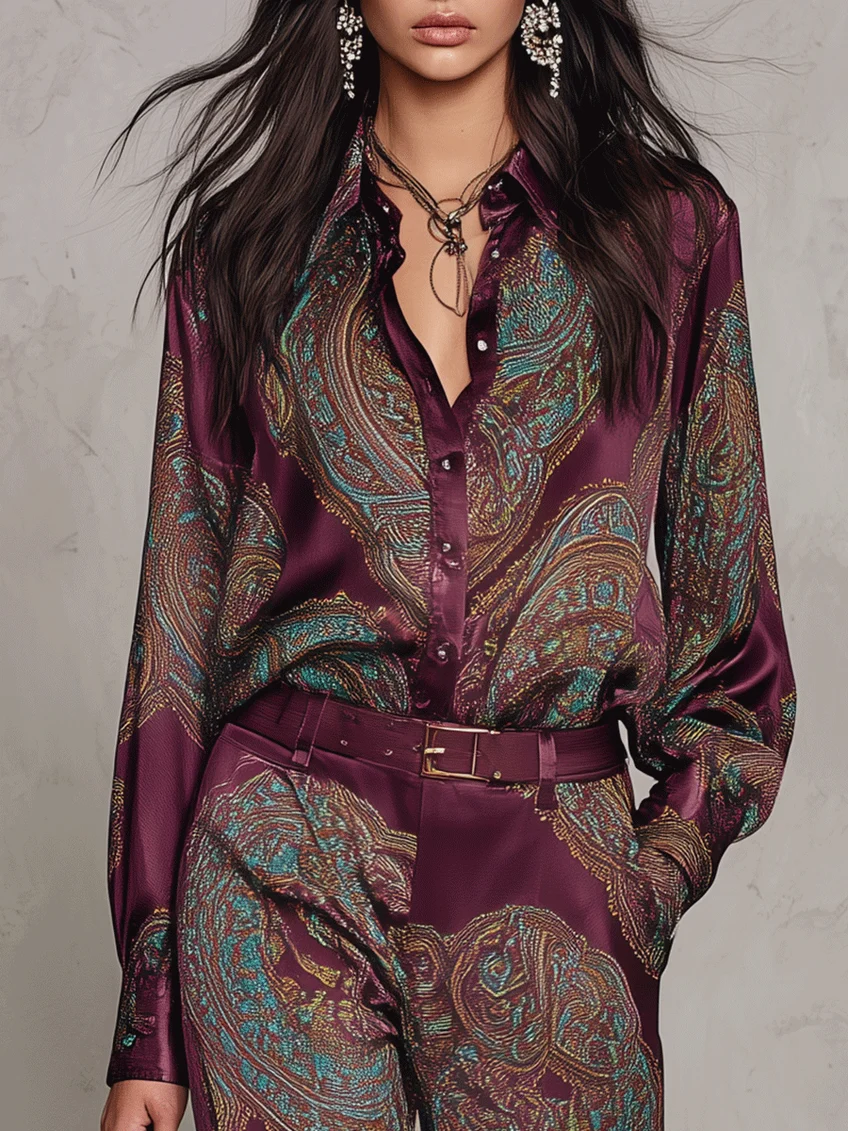 Gloria | Camisa de Seda de Manga Larga con Estampado Paisley Burdeos y Pantalones de Pierna Ancha | Blanca Vela