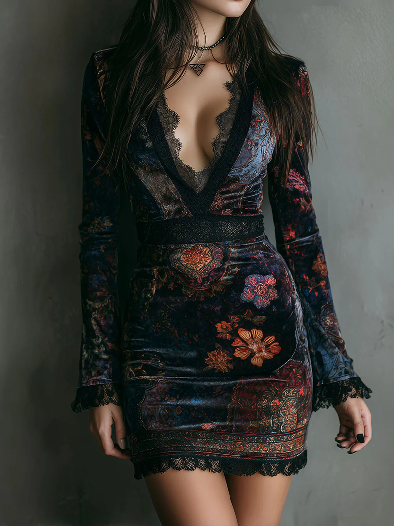 Iris | Mini Vestido Ajustado de Terciopelo, Encaje y Estampado Floral | Blanca Vela