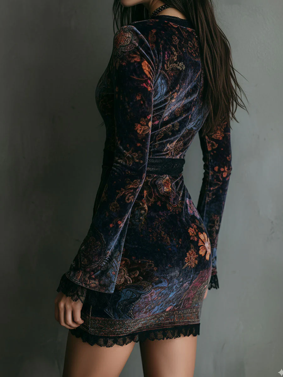 Iris | Mini Vestido Ajustado de Terciopelo, Encaje y Estampado Floral | Blanca Vela