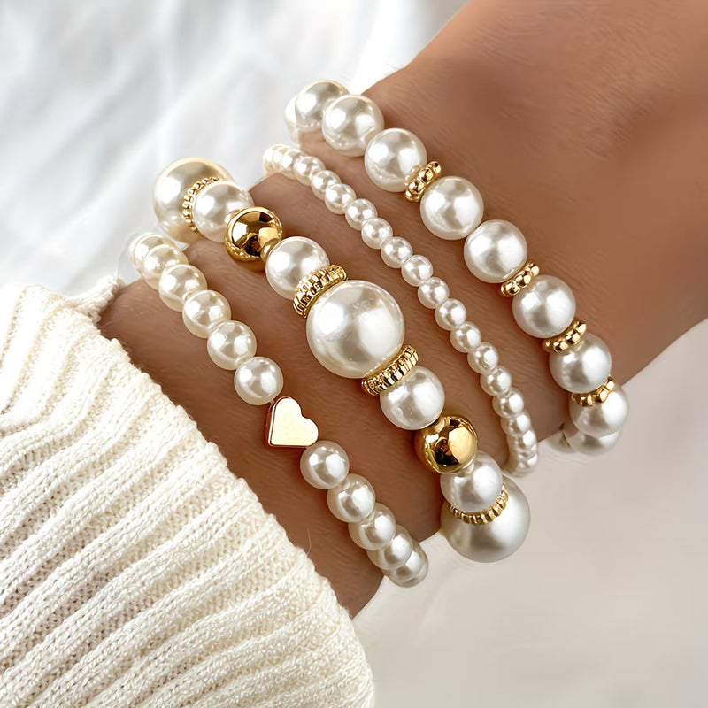 Set de 4 Pulseras Apilables de Perlas | Blanca Vela