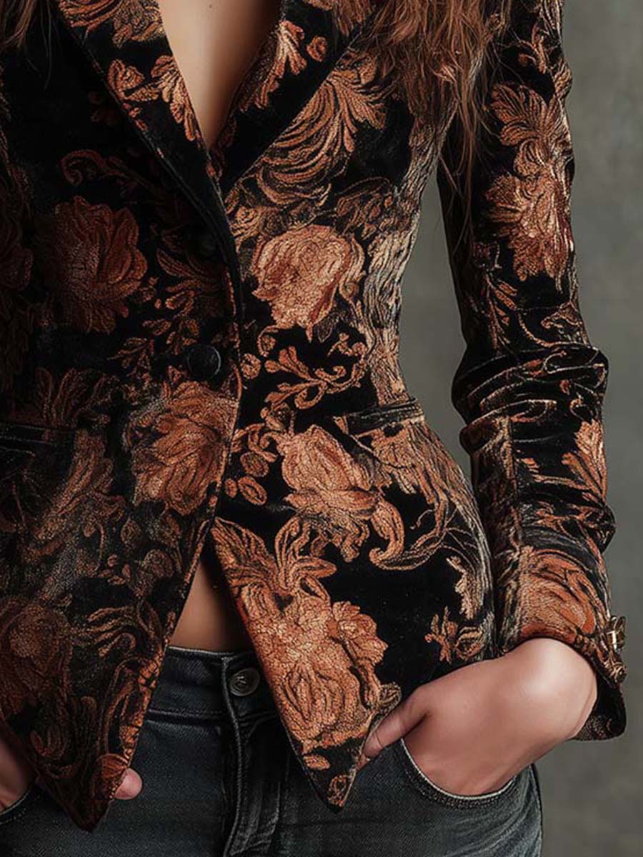 Blazer Sastre de Mujer con Estampado Floral Negro y Bronce | Blanca Vela