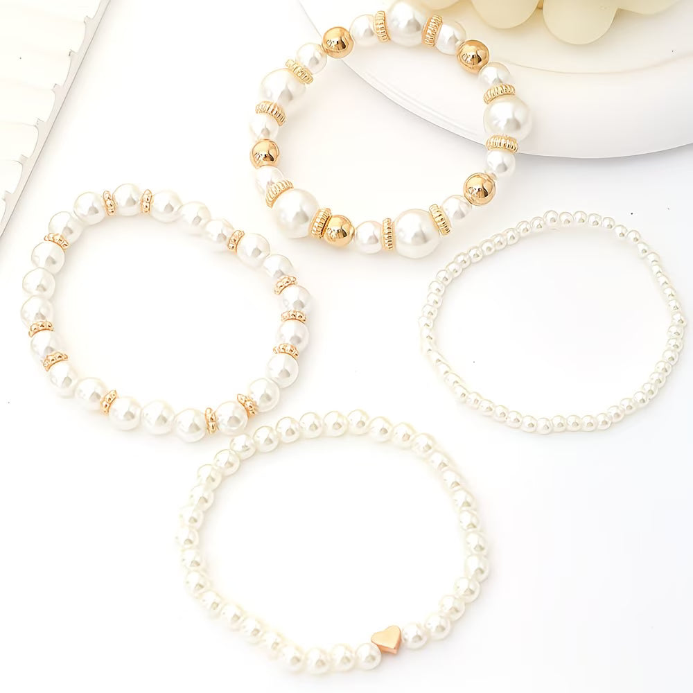 Set de 4 Pulseras Apilables de Perlas | Blanca Vela