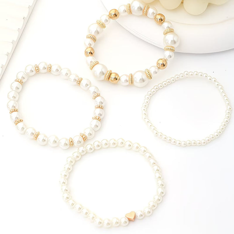Set de 4 Pulseras Apilables de Perlas | Blanca Vela