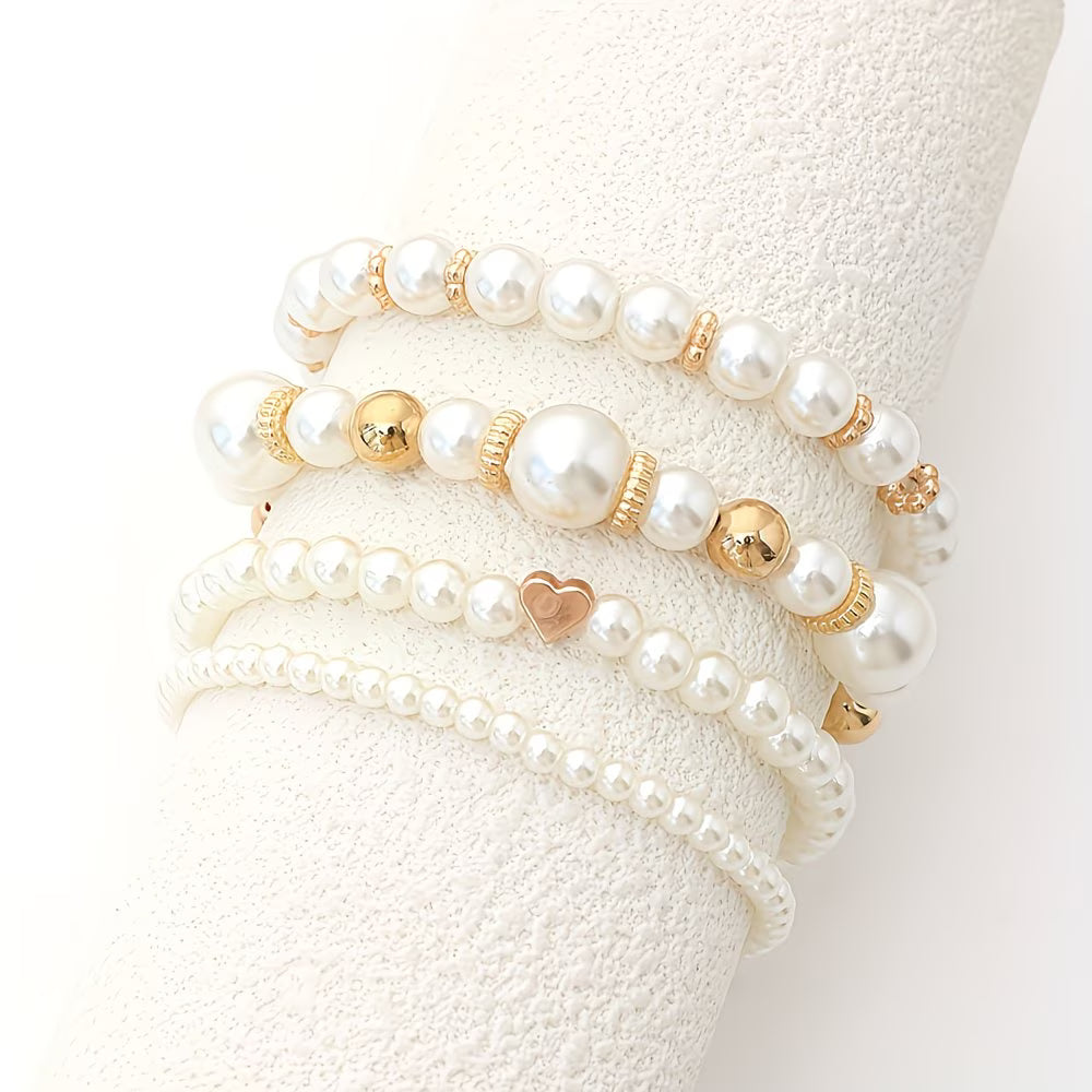 Set de 4 Pulseras Apilables de Perlas | Blanca Vela