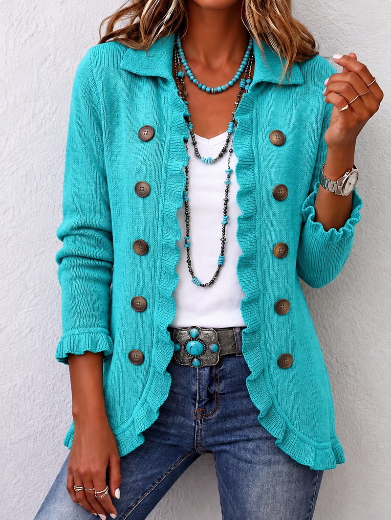 Silvana | Chaqueta de Punto Canalé Turquesa con Volantes | Blanca Vela