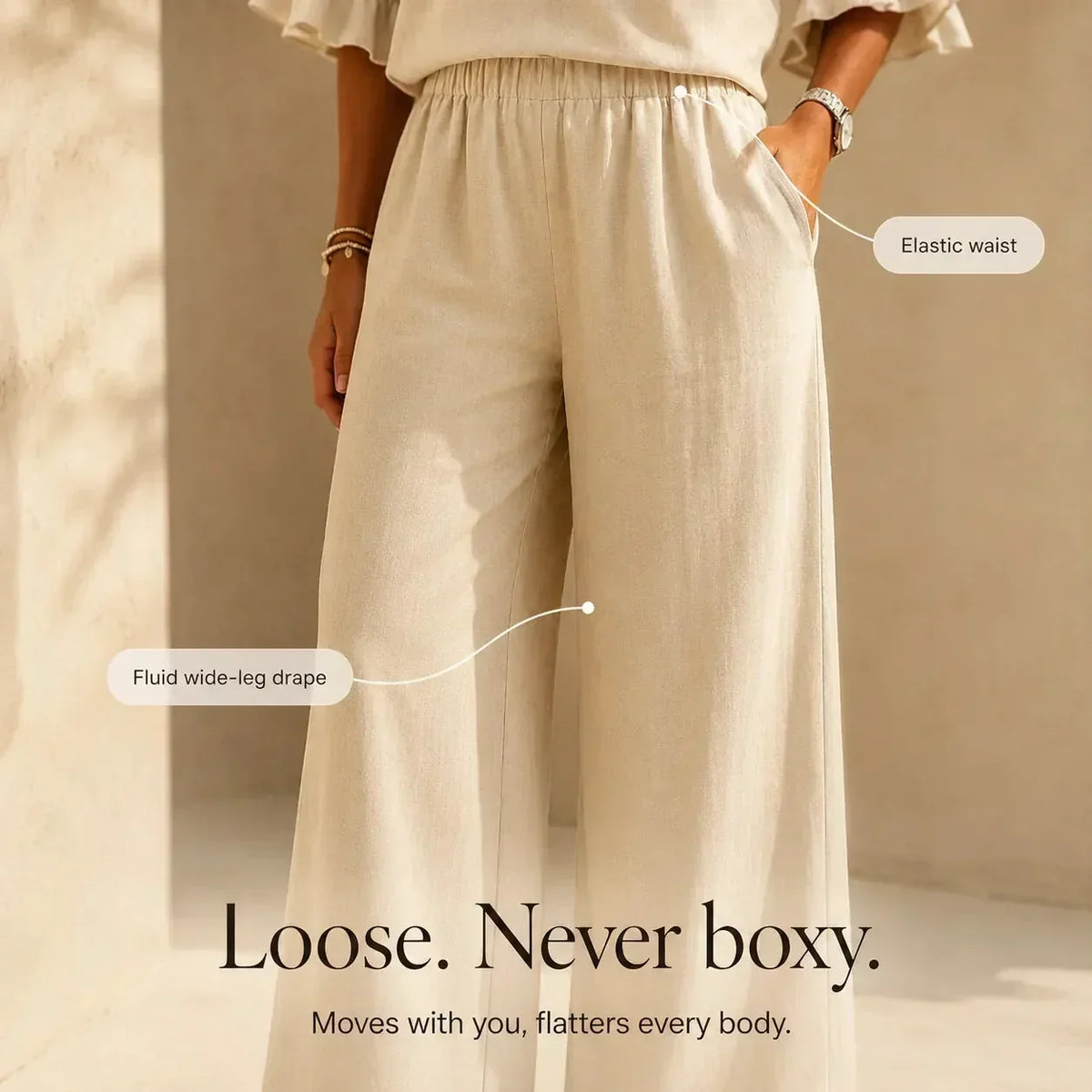Louna | Conjunto Efecto Lino con Mangas de Volante y Pantalones Anchos | Blanca Vela