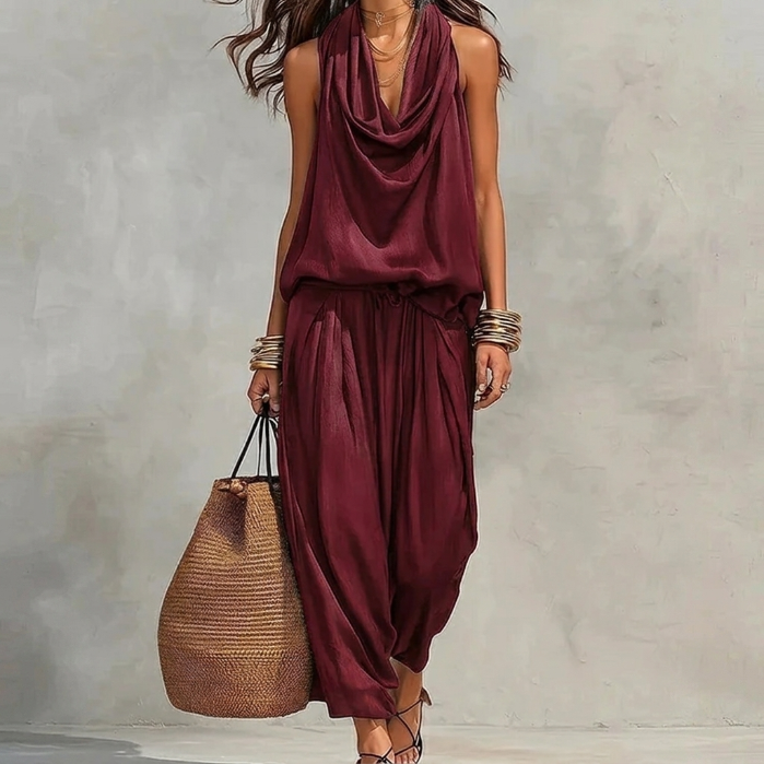 Ambre | Conjunto Fluido Top Halter Drapeado y Pantalón | Blanca Vela