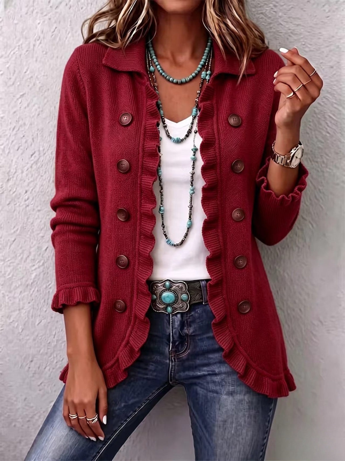 Marta | Chaqueta de Punto Canalé Rojo Rubí con Volantes | Blanca Vela