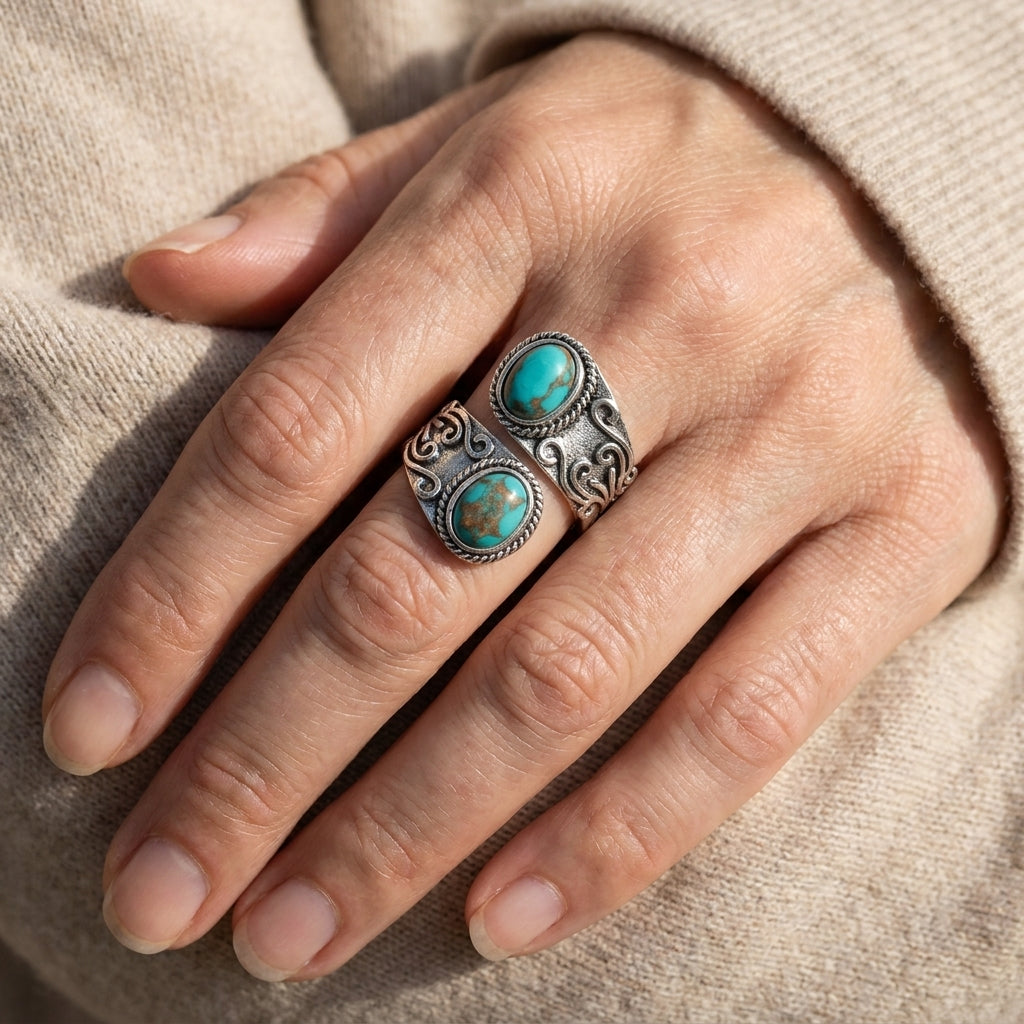 Calista™ - Anillo Envolvente de Plata con Doble Turquesa | Blanca Vela
