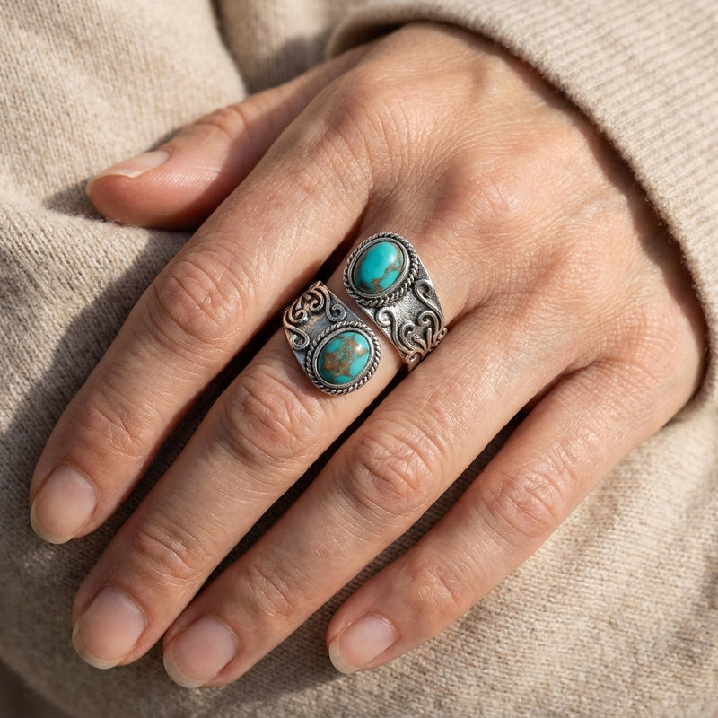 Calista™ - Anillo Envolvente de Plata con Doble Turquesa | Blanca Vela