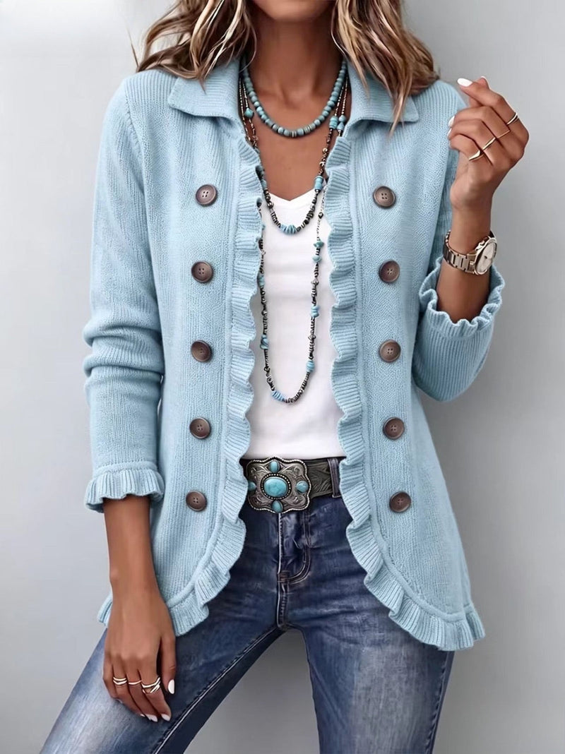 Perla | Chaqueta de Punto Canalé Azul Empolvado con Volantes | Blanca Vela