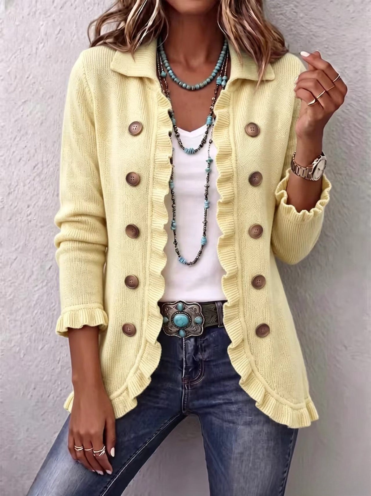 Orsola | Chaqueta de Punto Canalé Crema con Volantes | Blanca Vela