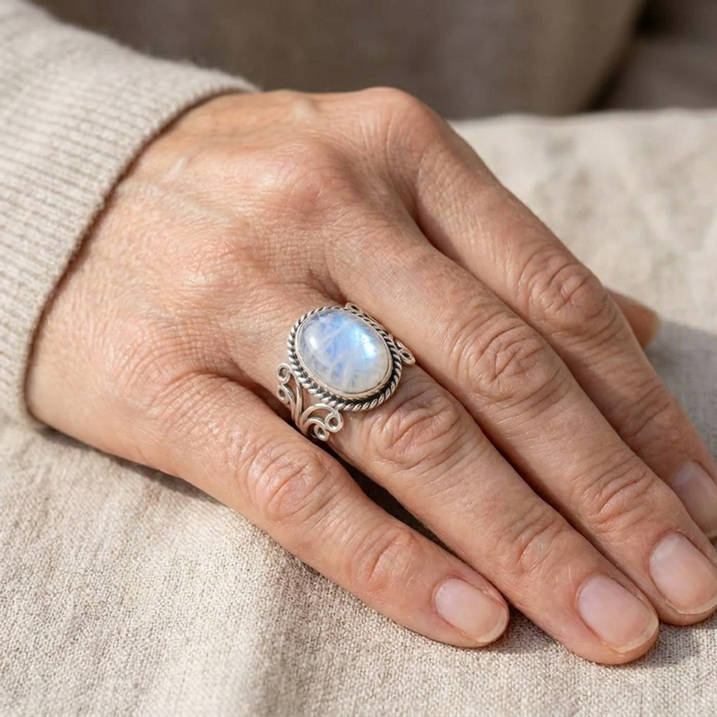 Anillo de Piedra Lunar Ovalada con Banda de Rizos | Blanca Vela