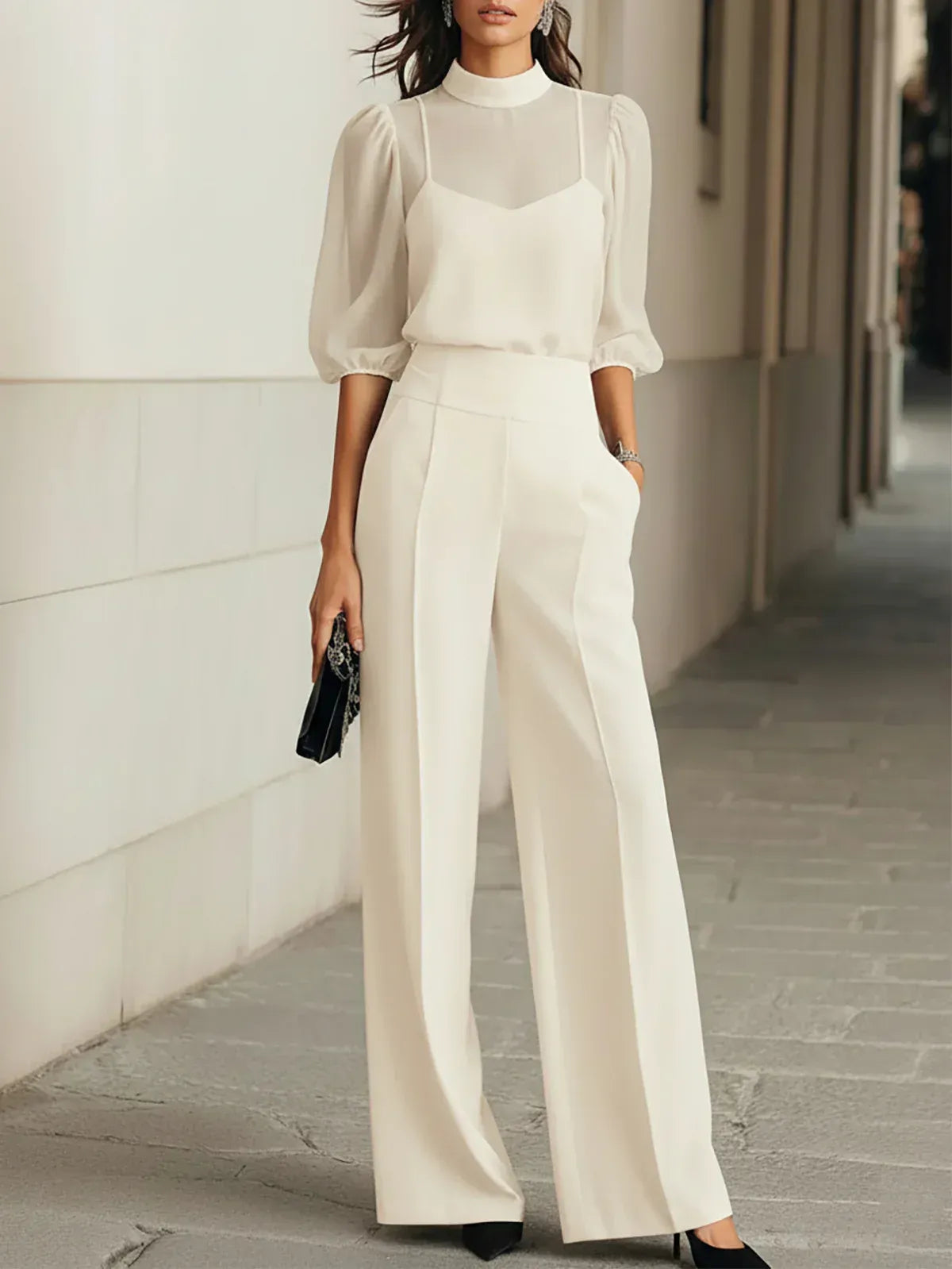 Valéria | Conjunto de Tres Piezas Top Transparente y Pantalón Ancho | Blanca Vela