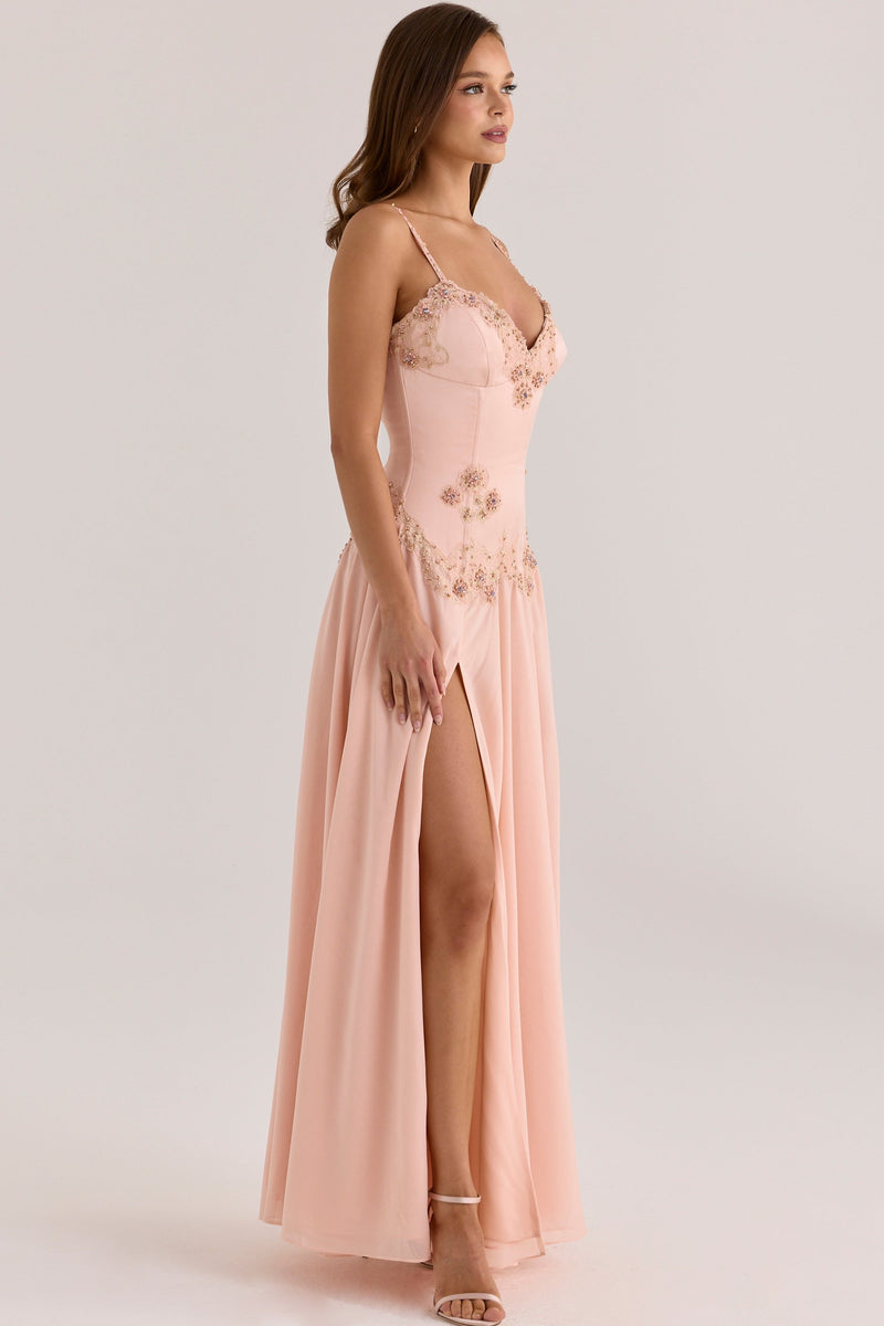 Larissa- Vestido maxi con pedrería cosida a mano | Blanca Vela