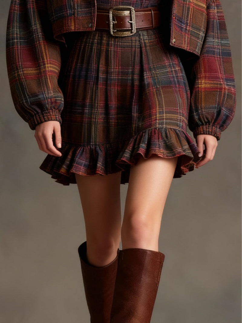 Marielle | Mini Vestido Vintage de Cuadros y Rayas con Chaqueta Amplia (con cinturón) | Blanca Vela